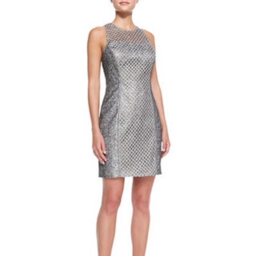 Phoebe by Kay Unger Sleeveless Net Overlay Cocktail Metallic Mesh Dress 4